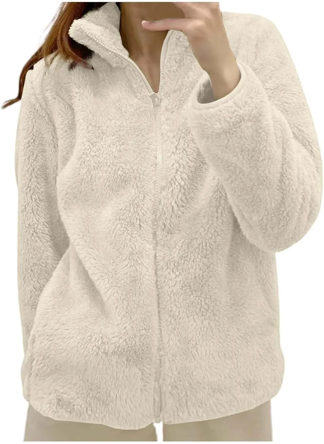Sherpa Jacket Women Lightweight Fleece Zip Up Jackets Long Sleeve Cozy Soft Fluffy Fuzzy Sweater Coats with Pockets