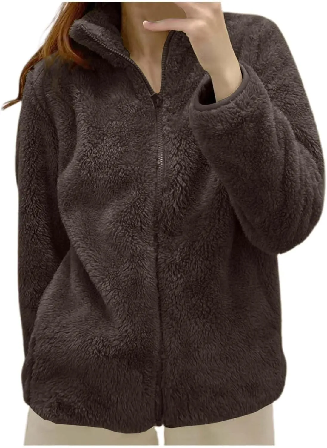 Sherpa Jacket Women Lightweight Fleece Zip Up Jackets Long Sleeve Cozy Soft Fluffy Fuzzy Sweater Coats with Pockets