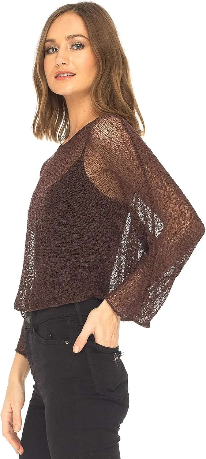 SHU-SHI Womens Sheer Blouse Top Knit Lightweight Shrug Sweater Poncho