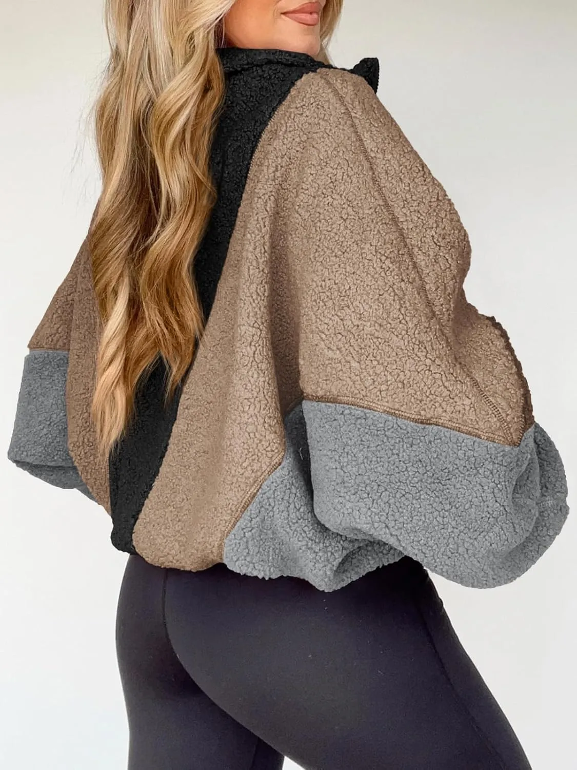 Tankaneo Womens Oversized Fleece Sweatshirt Quarter Zip Sherpa Pullover Winter Long Sleeve Color Block Tops