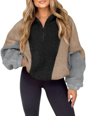 Tankaneo Womens Oversized Fleece Sweatshirt Quarter Zip Sherpa Pullover Winter Long Sleeve Color Block Tops