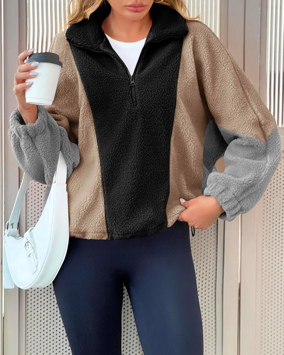 Tankaneo Womens Oversized Fleece Sweatshirt Quarter Zip Sherpa Pullover Winter Long Sleeve Color Block Tops
