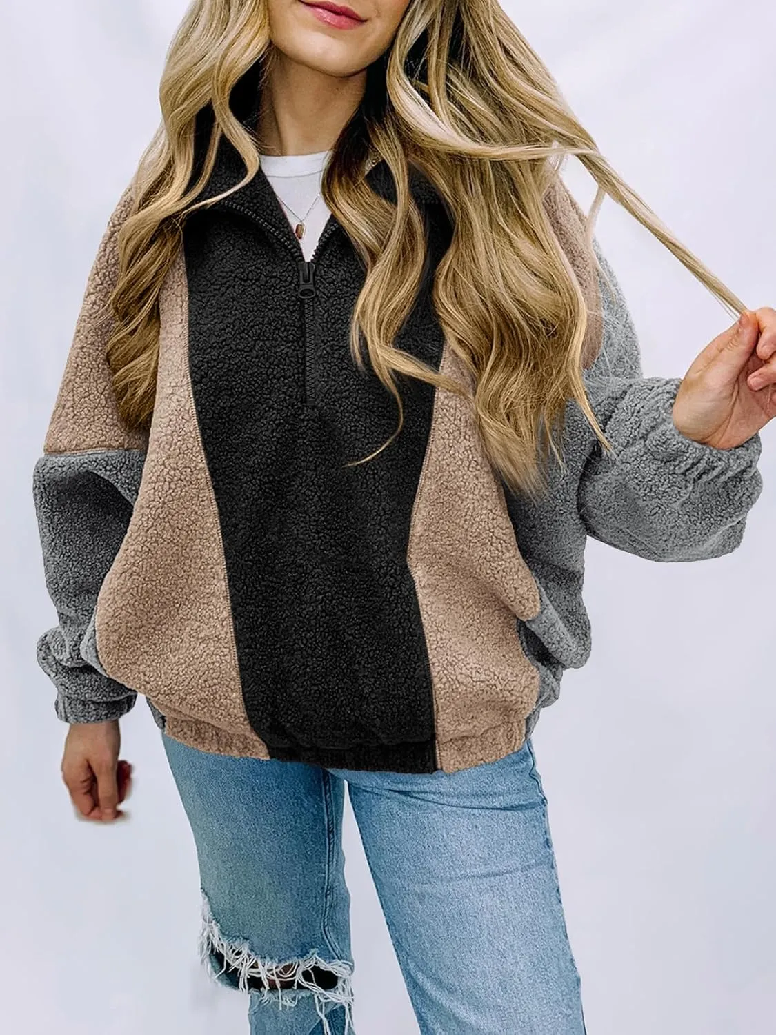 Tankaneo Womens Oversized Fleece Sweatshirt Quarter Zip Sherpa Pullover Winter Long Sleeve Color Block Tops