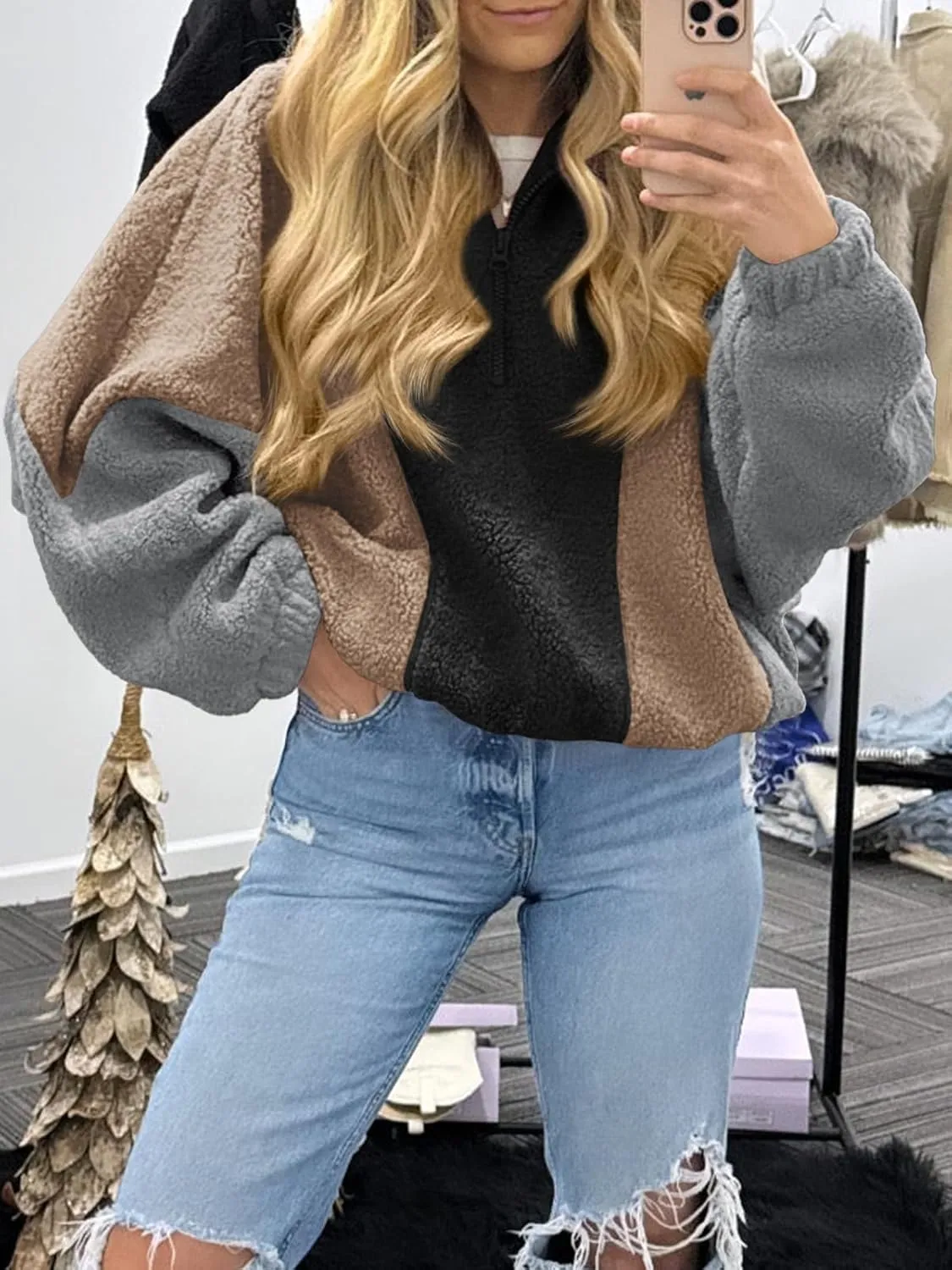 Tankaneo Womens Oversized Fleece Sweatshirt Quarter Zip Sherpa Pullover Winter Long Sleeve Color Block Tops