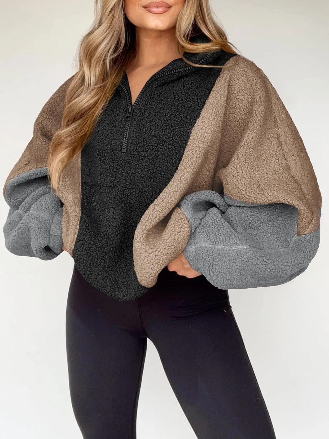 Tankaneo Womens Oversized Fleece Sweatshirt Quarter Zip Sherpa Pullover Winter Long Sleeve Color Block Tops