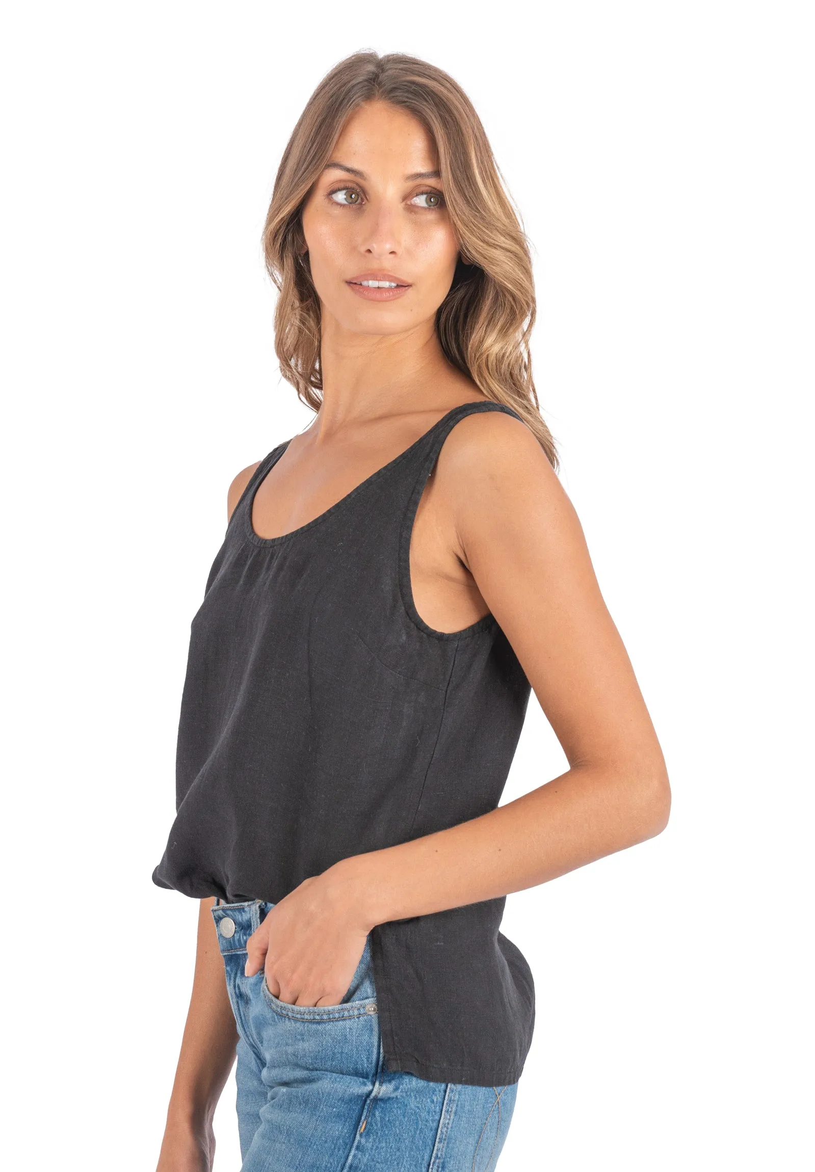 Tanya Tank Black Linen Top