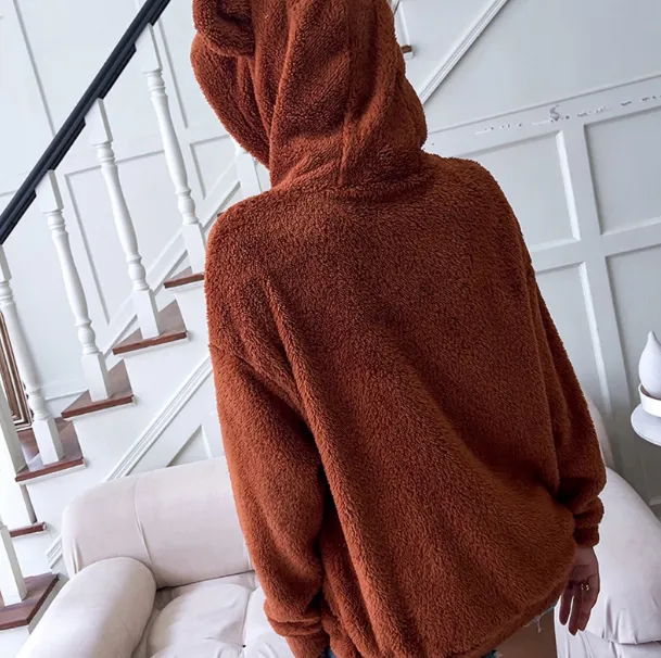 Teddy Coat Casual Warm Teddy Bear Coat Womens Autumn Winter Plush Hooded Overcoat