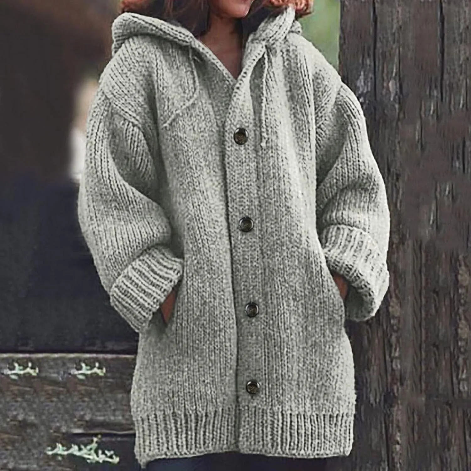 Thick Sweaters Cardigan for Women Plus Size Knitted Hooded Coat Long Sleeve Button Down Warm Jacket Hoodies with Pocket
