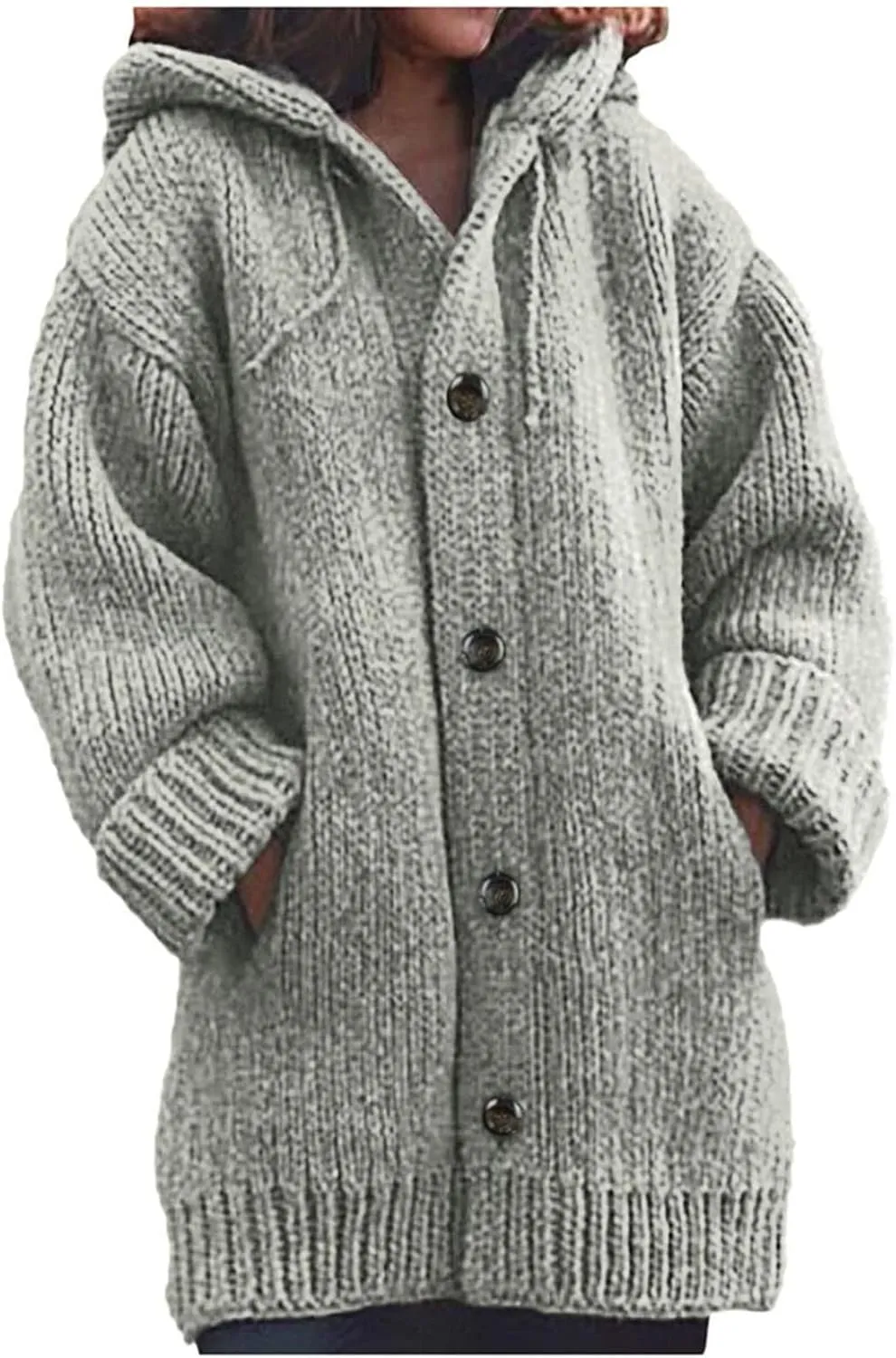 Thick Sweaters Cardigan for Women Plus Size Knitted Hooded Coat Long Sleeve Button Down Warm Jacket Hoodies with Pocket