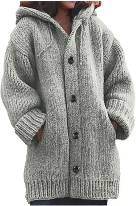 Thick Sweaters Cardigan for Women Plus Size Knitted Hooded Coat Long Sleeve Button Down Warm Jacket Hoodies with Pocket