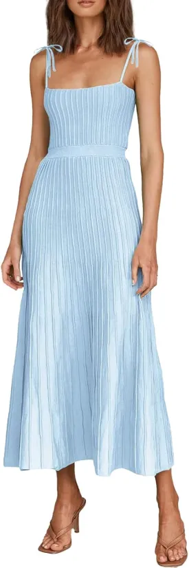 Tie Strap Dress for Women Long Summer Knitted Dress Casual Maxi Sundress Square Neck A Line Backless