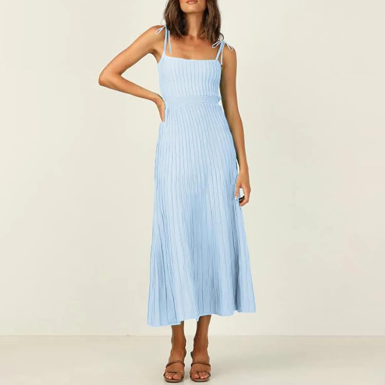Tie Strap Dress for Women Long Summer Knitted Dress Casual Maxi Sundress Square Neck A Line Backless