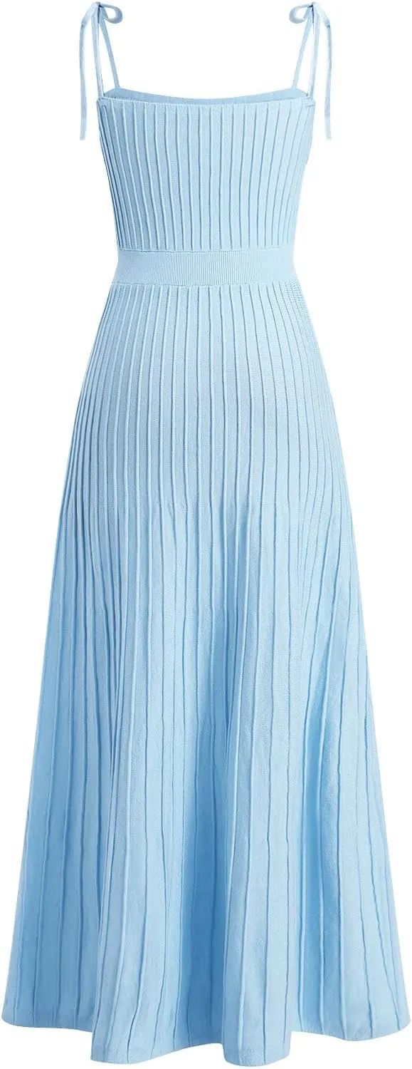Tie Strap Dress for Women Long Summer Knitted Dress Casual Maxi Sundress Square Neck A Line Backless