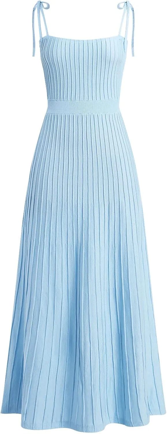 Tie Strap Dress for Women Long Summer Knitted Dress Casual Maxi Sundress Square Neck A Line Backless