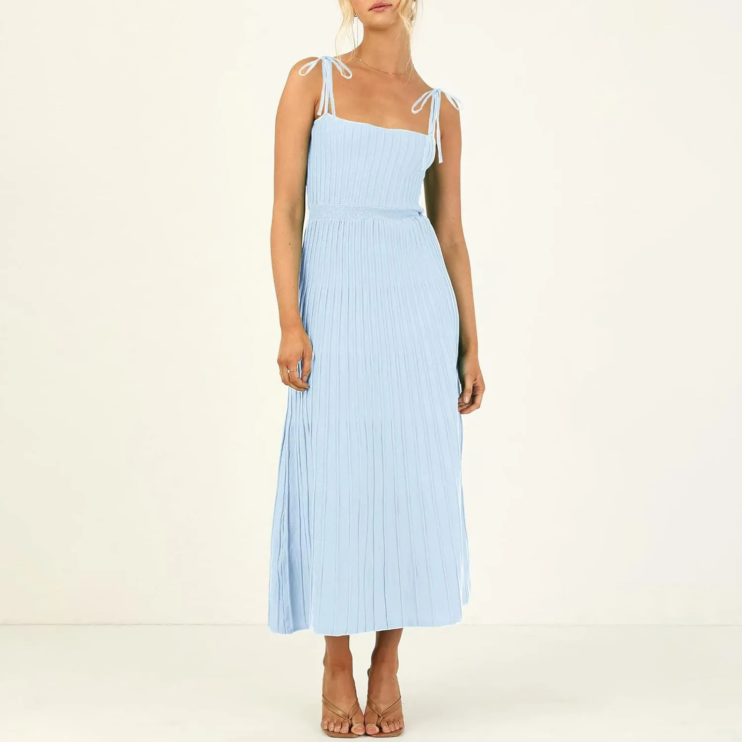 Tie Strap Dress for Women Long Summer Knitted Dress Casual Maxi Sundress Square Neck A Line Backless