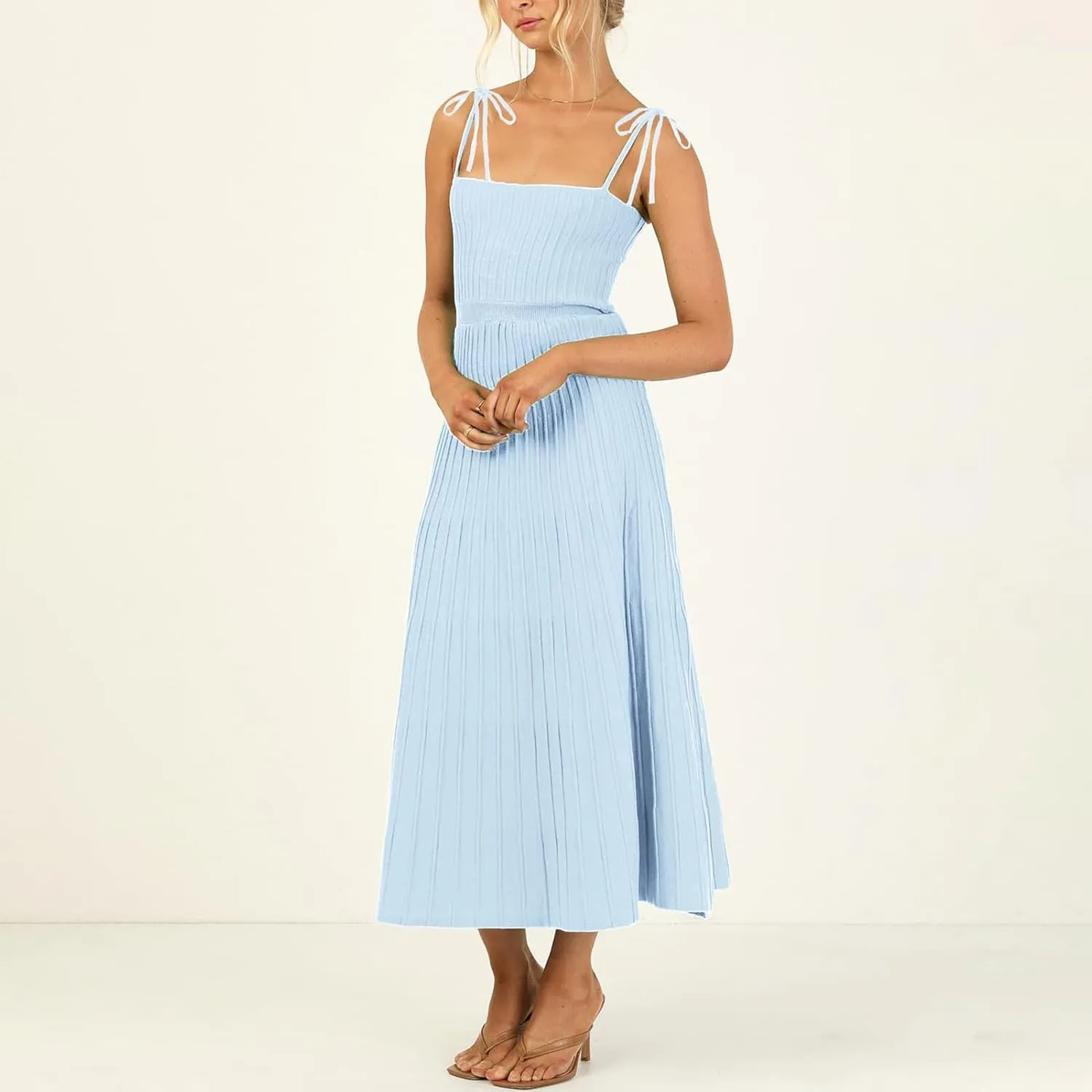 Tie Strap Dress for Women Long Summer Knitted Dress Casual Maxi Sundress Square Neck A Line Backless
