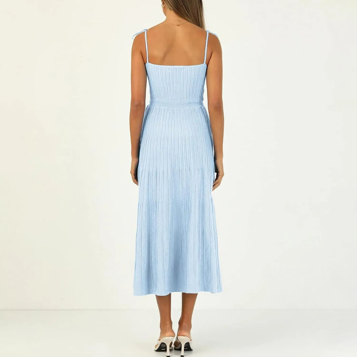 Tie Strap Dress for Women Long Summer Knitted Dress Casual Maxi Sundress Square Neck A Line Backless