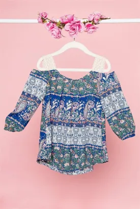 Toddler Girls Boho Multi Blue Cold Shoulder Crochet Detail Top /1-1-1-1-1-1