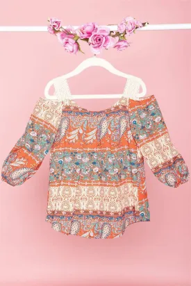 Toddler Girls Boho Multi Red Cold Shoulder Crochet Detail Top /1-1-1-1-1-1