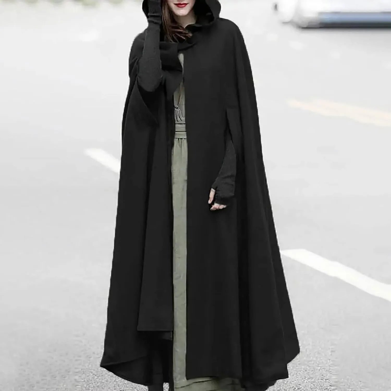 tuduoms Women Vinage Long Trench Coat, Gothic Hooded Cape Halloween Costumes Wool Blend Hooded Cape Poncho Maxi Cloak Coat