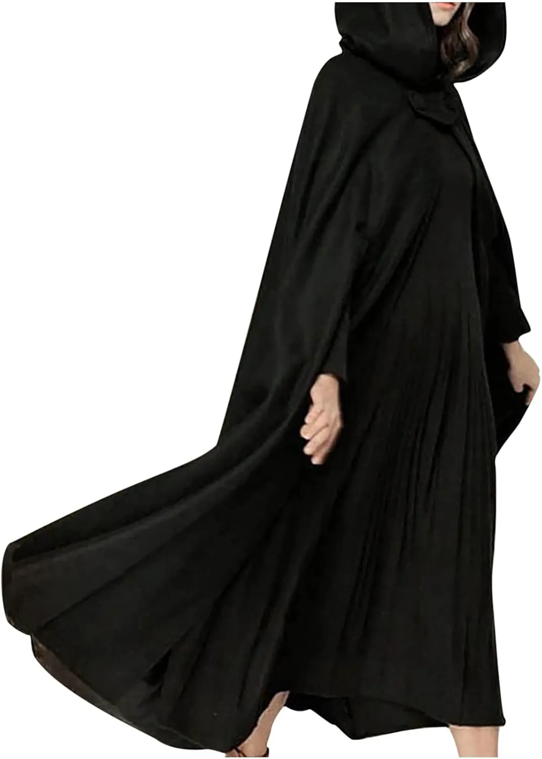 tuduoms Women Vinage Long Trench Coat, Gothic Hooded Cape Halloween Costumes Wool Blend Hooded Cape Poncho Maxi Cloak Coat
