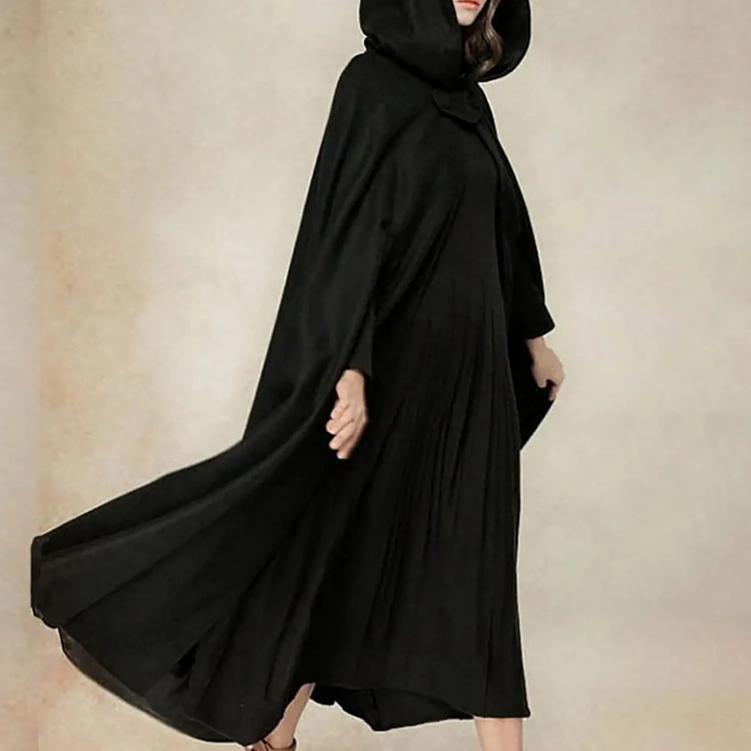 tuduoms Women Vinage Long Trench Coat, Gothic Hooded Cape Halloween Costumes Wool Blend Hooded Cape Poncho Maxi Cloak Coat