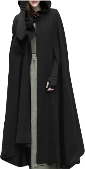tuduoms Women Vinage Long Trench Coat, Gothic Hooded Cape Halloween Costumes Wool Blend Hooded Cape Poncho Maxi Cloak Coat