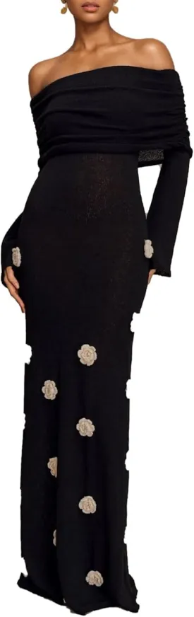 Unybwonn Women Sexy Off Shoulder Crochet Maxi Dress Bodycon Stretchy Mesh Knit Dress Long Sleeve Tube Top Elegant Dresses