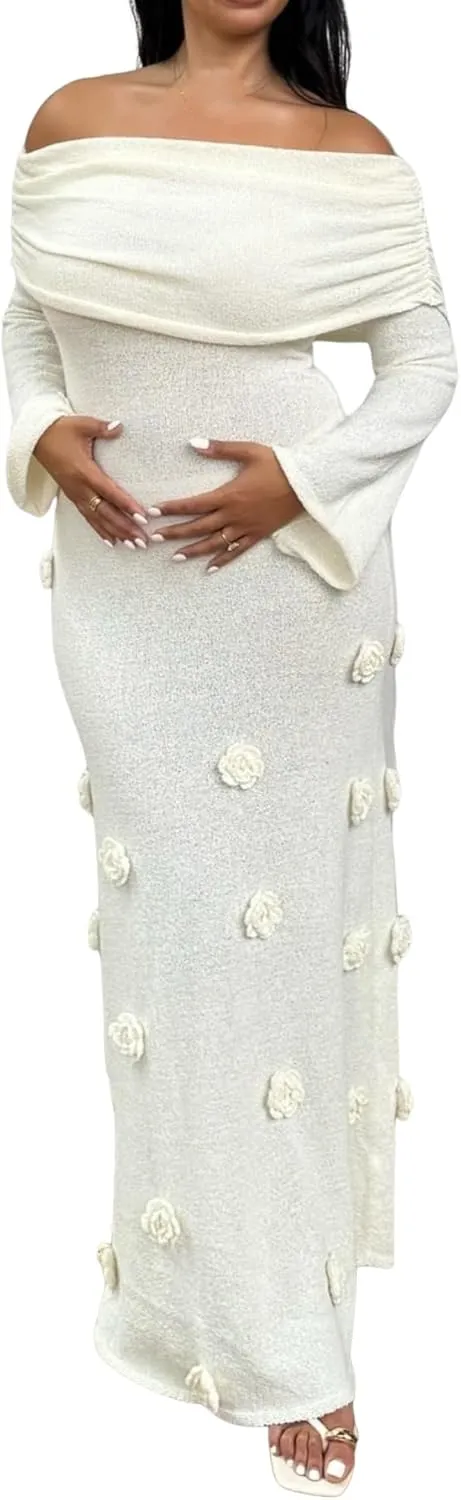 Unybwonn Women Sexy Off Shoulder Crochet Maxi Dress Bodycon Stretchy Mesh Knit Dress Long Sleeve Tube Top Elegant Dresses