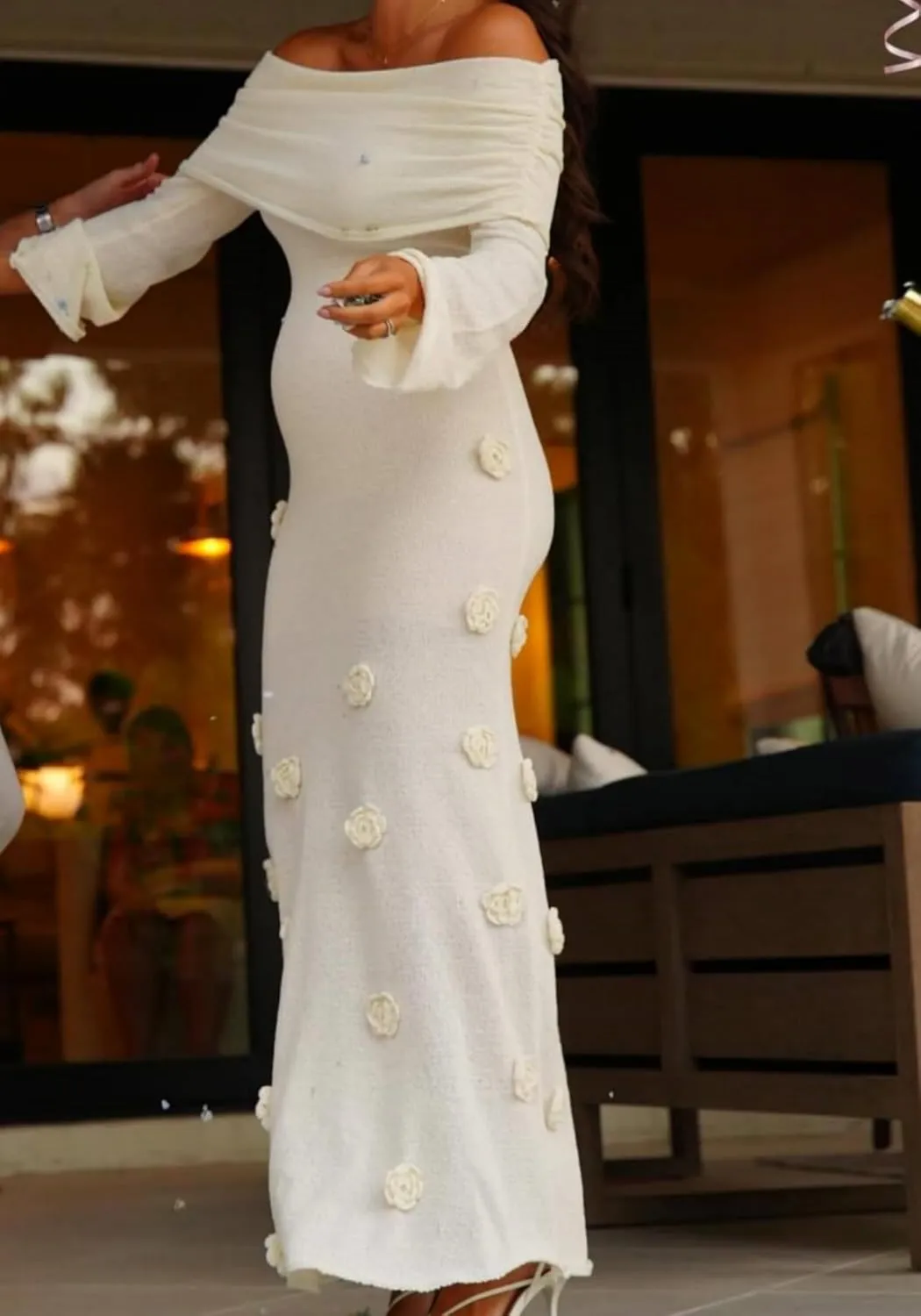 Unybwonn Women Sexy Off Shoulder Crochet Maxi Dress Bodycon Stretchy Mesh Knit Dress Long Sleeve Tube Top Elegant Dresses