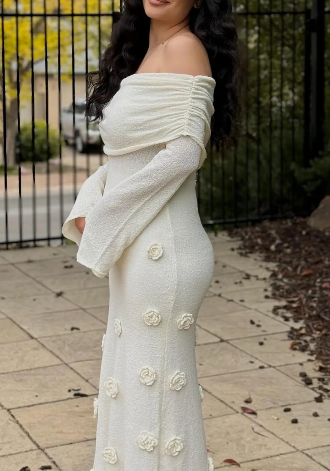 Unybwonn Women Sexy Off Shoulder Crochet Maxi Dress Bodycon Stretchy Mesh Knit Dress Long Sleeve Tube Top Elegant Dresses