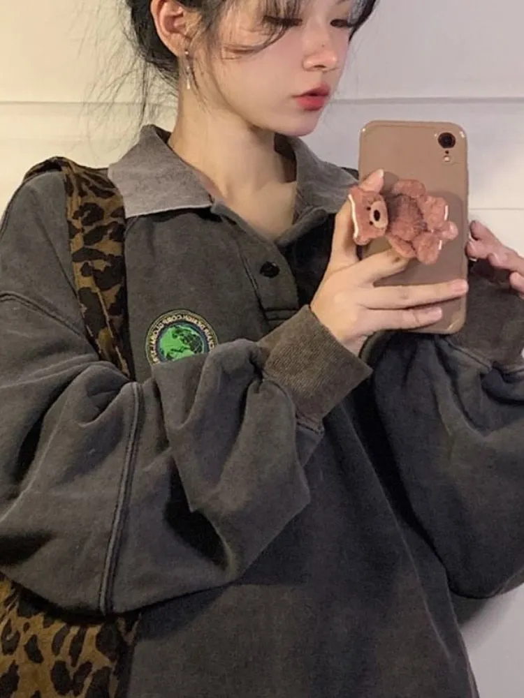Vintage Streetwear Sweatshirts Women Harajuku Kpop Oversized Hoodies Grunge Loose Polo Collar Hoody Pullover Top Gothic