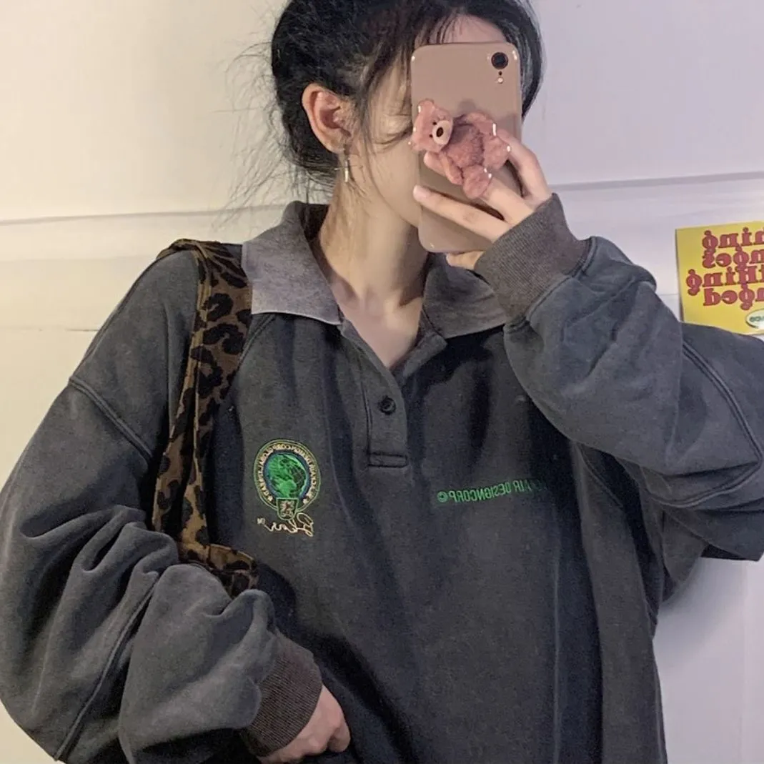 Vintage Streetwear Sweatshirts Women Harajuku Kpop Oversized Hoodies Grunge Loose Polo Collar Hoody Pullover Top Gothic