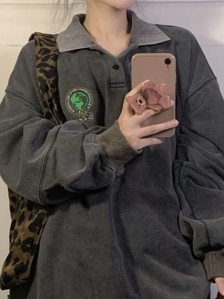 Vintage Streetwear Sweatshirts Women Harajuku Kpop Oversized Hoodies Grunge Loose Polo Collar Hoody Pullover Top Gothic