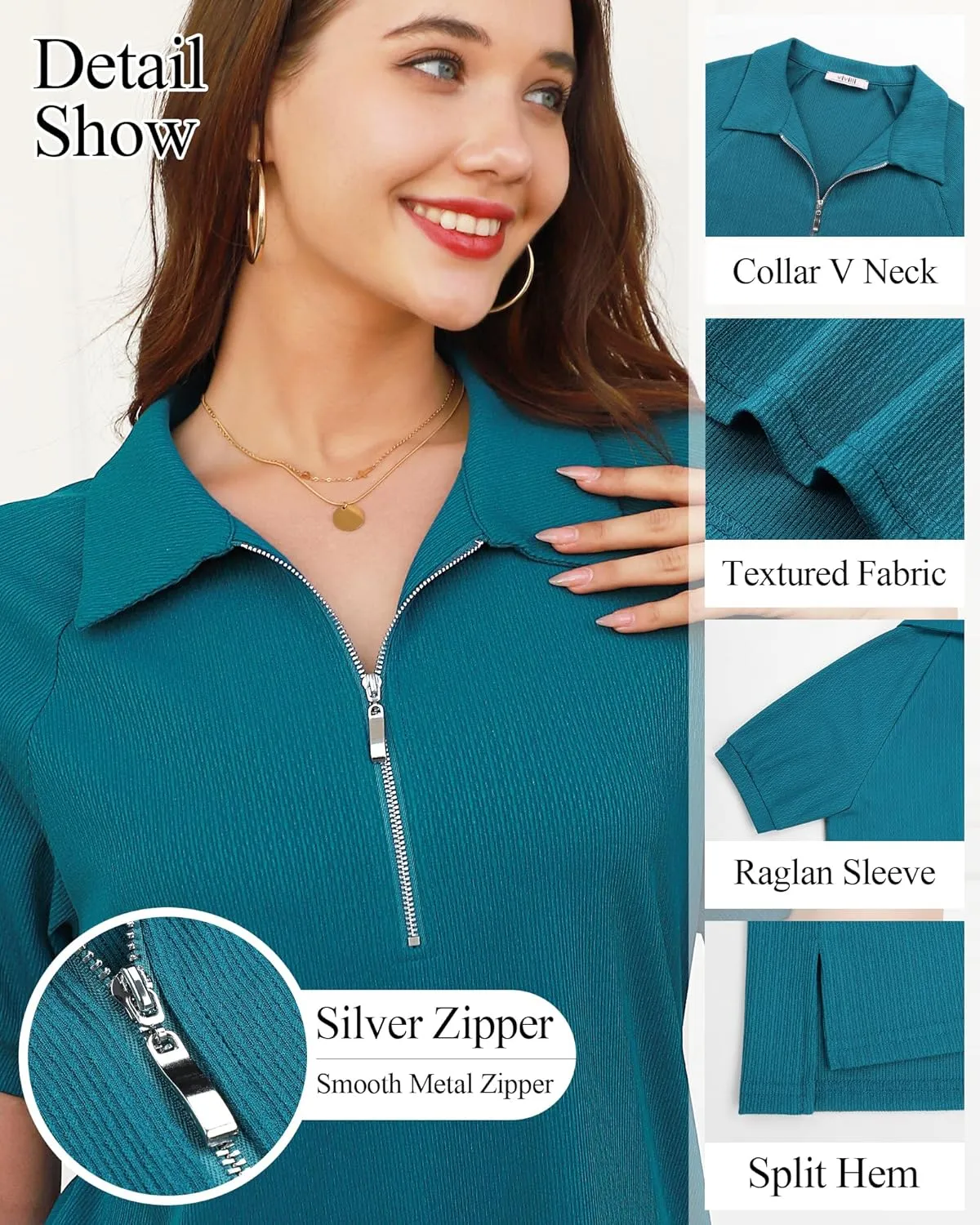 Vivilli Women's Short Sleeve Tops and Blouses Business Casual Collared Tunic Shirt with Zipper