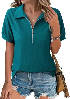 Vivilli Women's Short Sleeve Tops and Blouses Business Casual Collared Tunic Shirt with Zipper