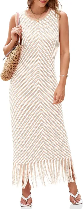 Wenrine Womens Summer Crochet Knit Dress Casual Striped Tassel Sleeveless Boho Maxi Dresses