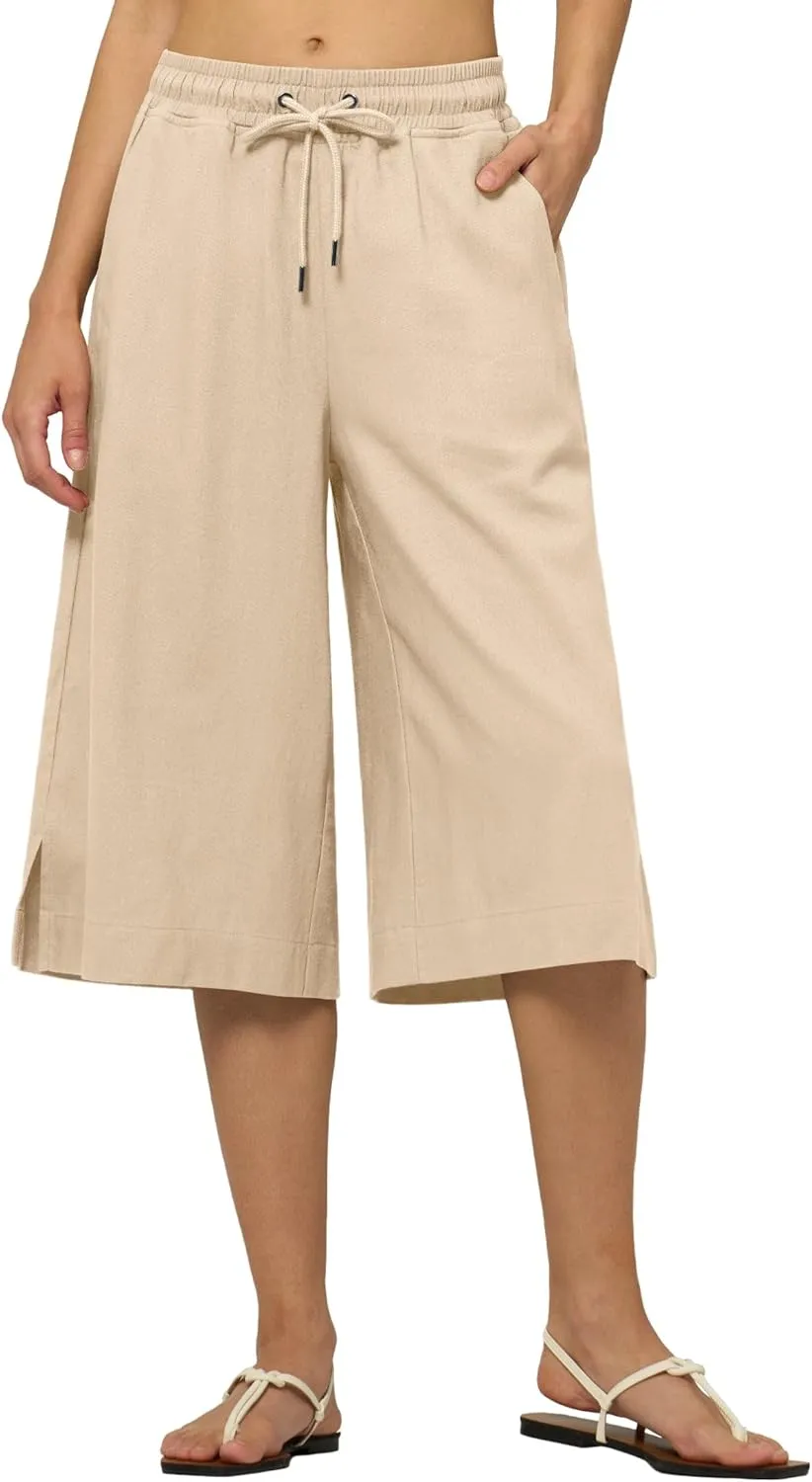 Willit Women's Linen Capri Pants Wide Leg Dress Casual Summer Pleated Capri High Waisted with Pockets 16"
