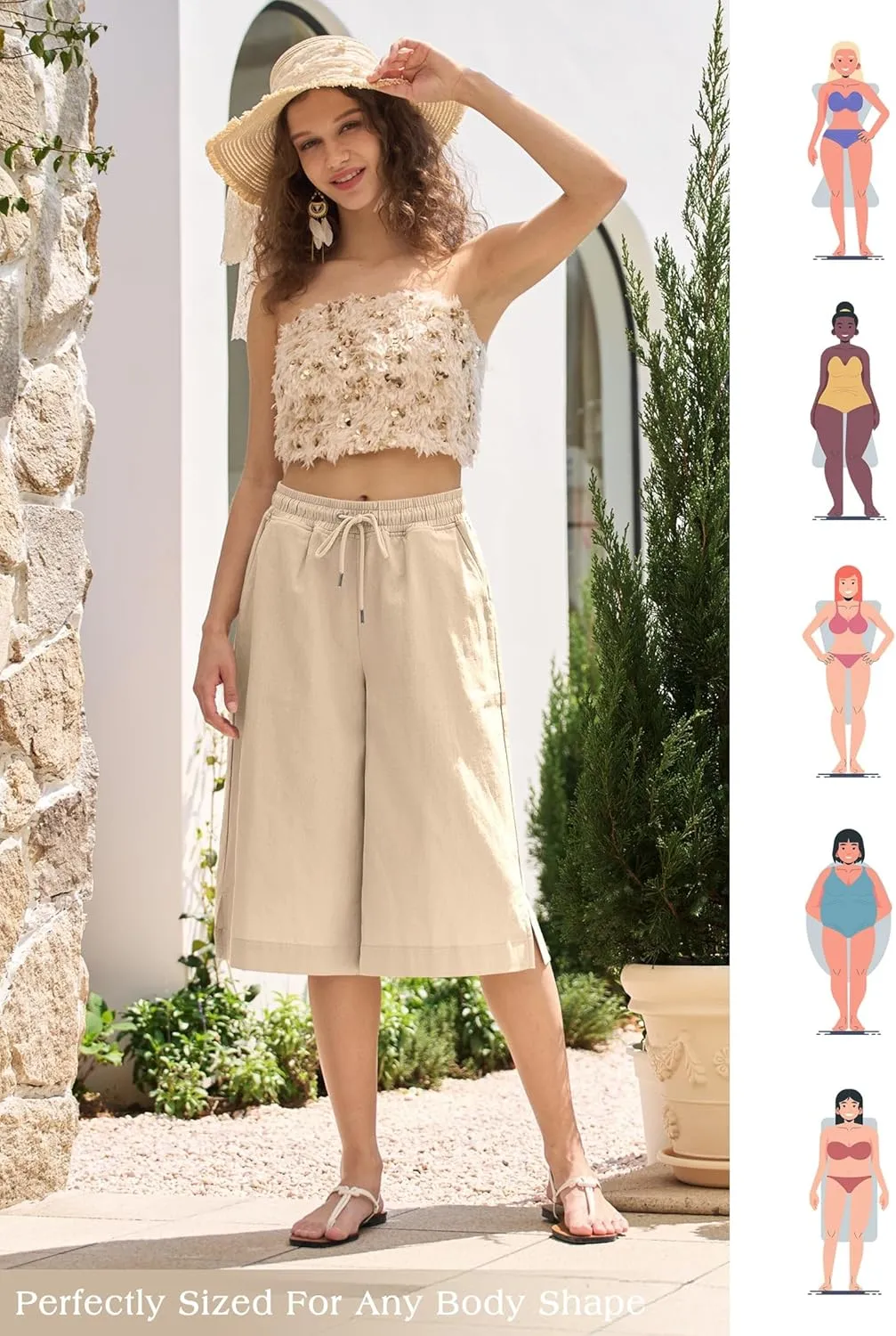 Willit Women's Linen Capri Pants Wide Leg Dress Casual Summer Pleated Capri High Waisted with Pockets 16"