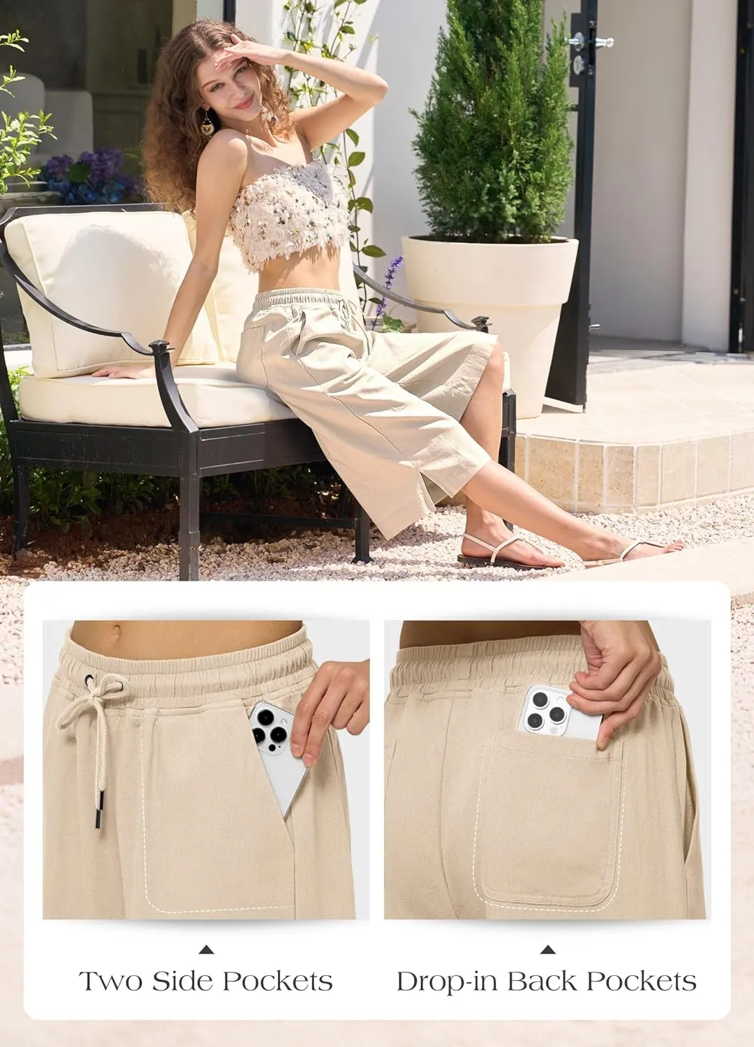 Willit Women's Linen Capri Pants Wide Leg Dress Casual Summer Pleated Capri High Waisted with Pockets 16"