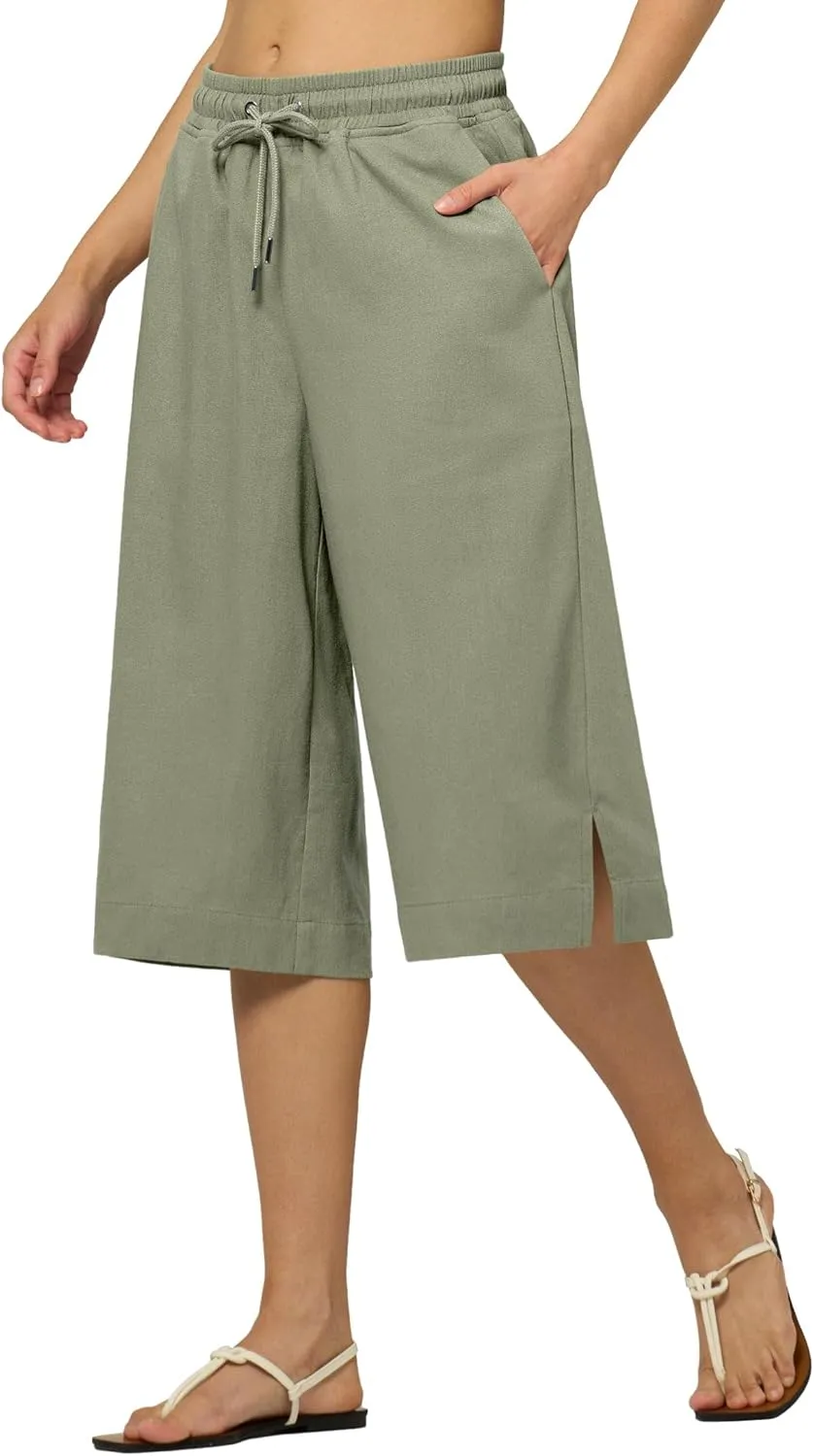 Willit Women's Linen Capri Pants Wide Leg Dress Casual Summer Pleated Capri High Waisted with Pockets 16"