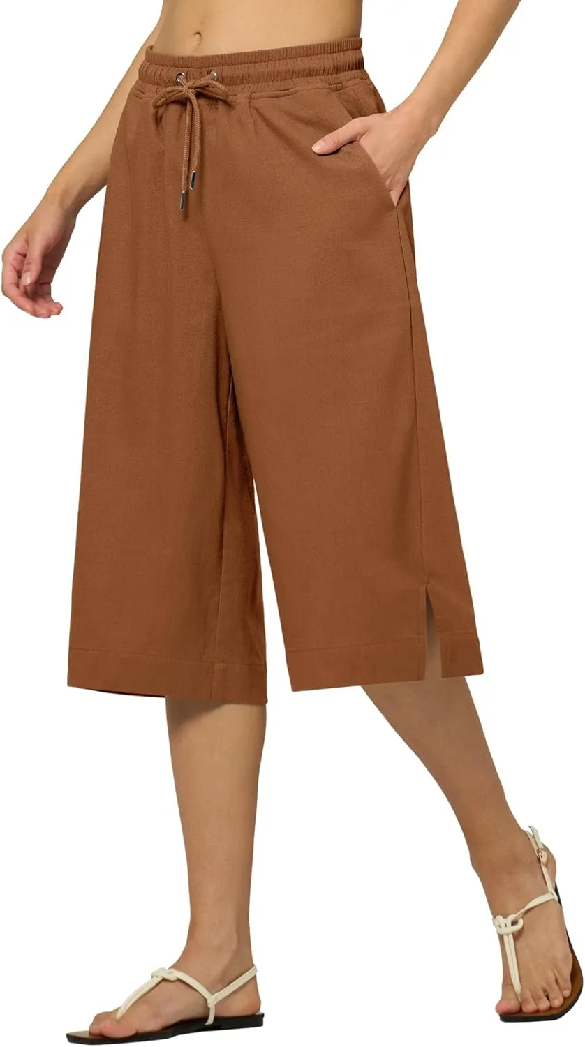 Willit Women's Linen Capri Pants Wide Leg Dress Casual Summer Pleated Capri High Waisted with Pockets 16"