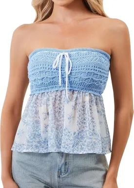 Women Floral Print Strapless Crochet Babydoll Top Y2K Cute Sleeveless Bandeau Tube Flowy Going Out Peplum Tops