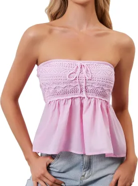 Women Floral Print Strapless Crochet Babydoll Top Y2K Cute Sleeveless Bandeau Tube Flowy Going Out Peplum Tops