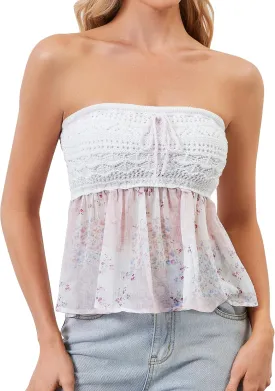 Women Floral Print Strapless Crochet Babydoll Top Y2K Cute Sleeveless Bandeau Tube Flowy Going Out Peplum Tops
