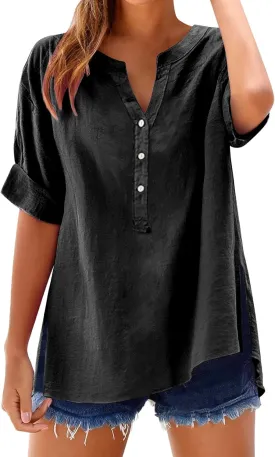Women Linen Shirts Summer Trendy Short Sleeve V Neck Blouses Lightweight Breathable Tunic Tops Beach Vacation Clothes
