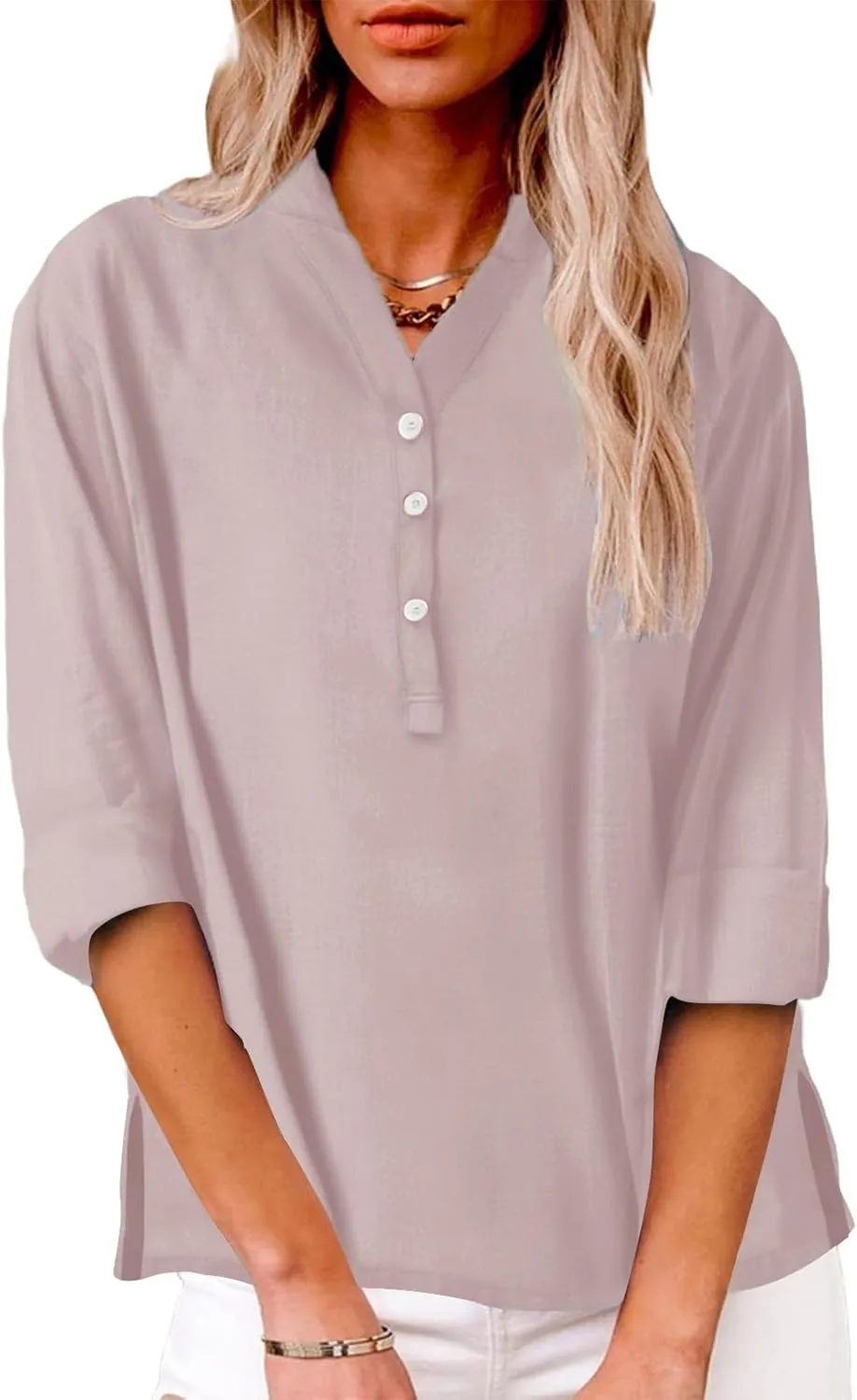 Women Linen Shirts Summer Trendy Short Sleeve V Neck Blouses Lightweight Breathable Tunic Tops Beach Vacation Clothes
