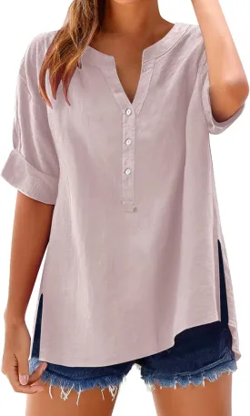 Women Linen Shirts Summer Trendy Short Sleeve V Neck Blouses Lightweight Breathable Tunic Tops Beach Vacation Clothes