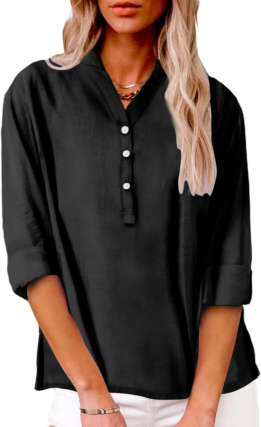 Women Linen Shirts Summer Trendy Short Sleeve V Neck Blouses Lightweight Breathable Tunic Tops Beach Vacation Clothes