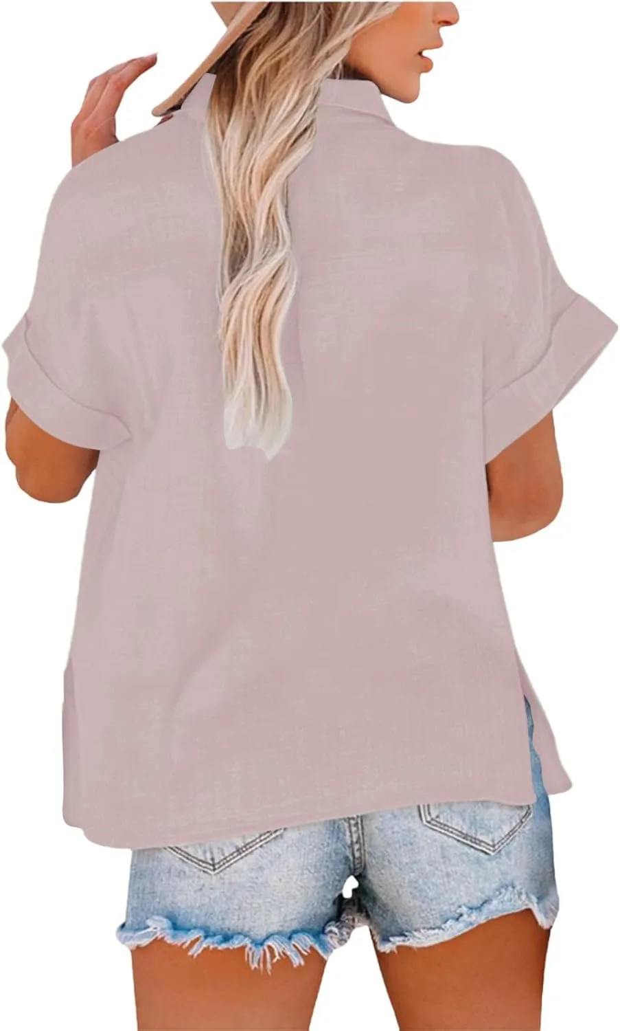 Women Linen Shirts Summer Trendy Short Sleeve V Neck Blouses Lightweight Breathable Tunic Tops Beach Vacation Clothes